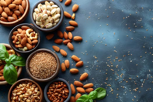 A variety of nuts and seeds, natural foods packed with nutrients, displayed in bowls on a table. These plantbased ingredients can be used in recipes to create delicious dishes in different cuisines