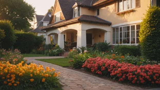 A picturesque house stands gracefully amidst a colorful flower garden at sunset, casting a warm glow. The vibrant blooms and lush greenery highlight the serene beauty of the landscape.