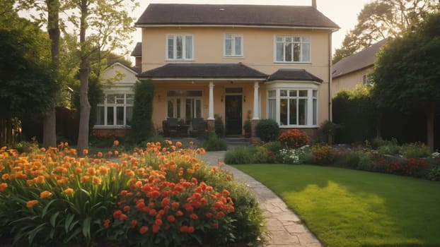 A picturesque house stands gracefully amidst a colorful flower garden at sunset, casting a warm glow. The vibrant blooms and lush greenery highlight the serene beauty of the landscape.