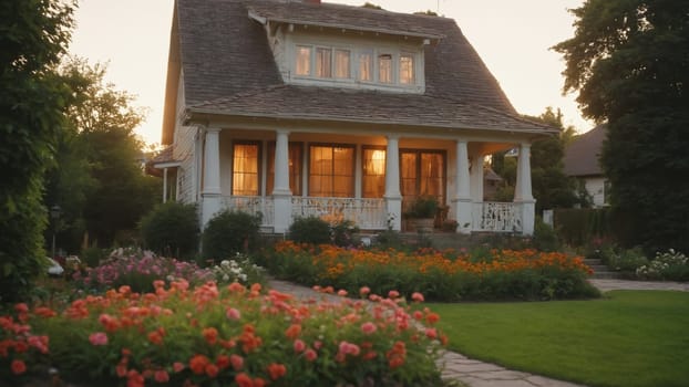 A quaint country house stands proudly, framed by vibrant flower beds as the sun sets, casting a warm glow on the manicured lawn and inviting atmosphere of the neighborhood.