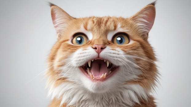 This energetic orange feline showcases a lively expression, revealing its sharp teeth and bright blue eyes, embodying a sense of curiosity and mischief that draws in viewers.