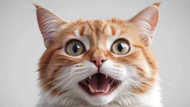 This energetic orange feline showcases a lively expression, revealing its sharp teeth and bright blue eyes, embodying a sense of curiosity and mischief that draws in viewers.