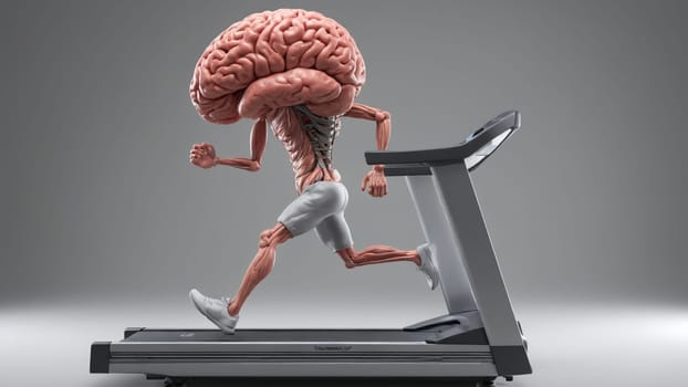 A vivid illustration shows a brain with muscular arms and legs energetically sprinting on a treadmill, symbolizing the fusion of intellect and physical fitness.