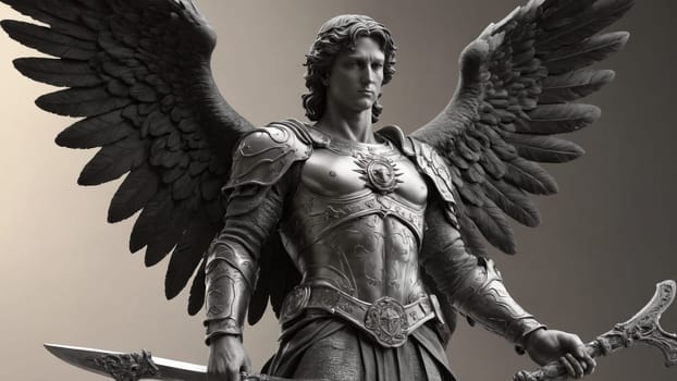 A stunning portrayal of a powerful angelic figure, adorned in intricate armor, with majestic wings spread wide. This masterpiece captures a timeless blend of peace and strength, evoking awe.