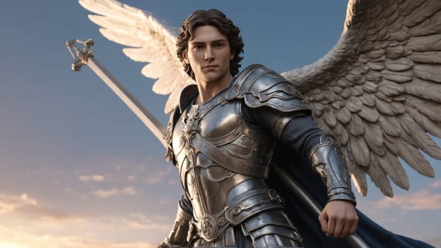 A stunning portrayal of a powerful angelic figure, adorned in intricate armor, with majestic wings spread wide. This masterpiece captures a timeless blend of peace and strength, evoking awe.