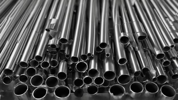 A collection of shiny metal pipes lies stacked, their surfaces gleaming subtly under diffused daylight. The cool atmosphere enhances the industrial vibe of the setting.