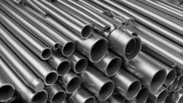 Gleaming metal pipes are arranged tightly together, reflecting sunlight as they rest in a workshop. The scene captures the essence of craftsmanship and industriousness.
