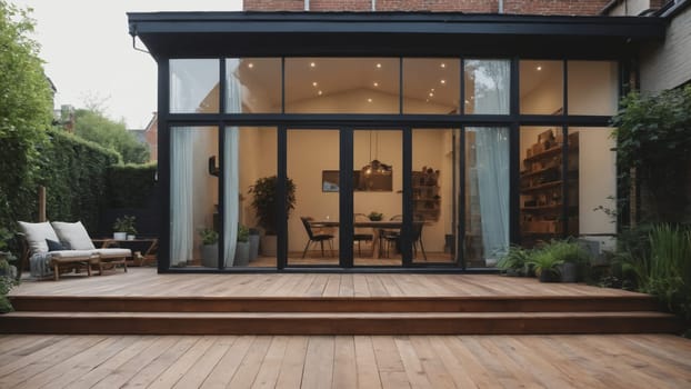 A beautifully designed wooden deck features comfortable seating and a small table, framed by vibrant greenery, inviting relaxation and enjoyment in a tranquil outdoor space.