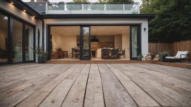 A beautifully designed wooden deck features comfortable seating and a small table, framed by vibrant greenery, inviting relaxation and enjoyment in a tranquil outdoor space.
