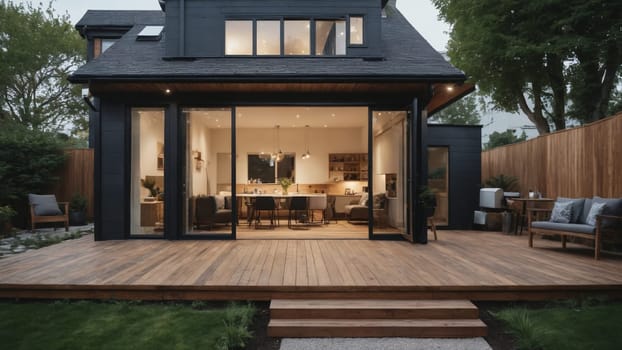 An elegant wooden deck extends from a stylish modern home, where warm light spills from the inviting interior. The tranquil setting showcases lush greenery, creating a peaceful atmosphere at twilight.