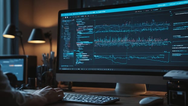 A focused individual reviews intricate data visualizations on a large monitor, immersed in analytics work.