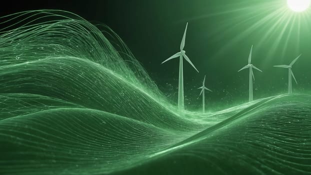 Gentle waves undulate under a twilight sky, illuminated in green hues, while wind turbines stand tall in the background, symbolizing sustainable energy and harmony with nature.