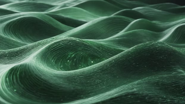 Gentle waves undulate under a twilight sky, illuminated in green hues, while wind turbines stand tall in the background, symbolizing sustainable energy and harmony with nature.