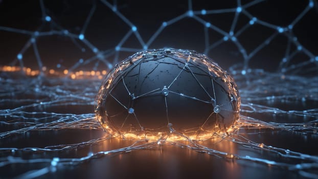 A luminous network of interconnected lines radiates outward, with a central shield icon emitting a blue light that represents the essence of cybersecurity and protection in the digital realm.