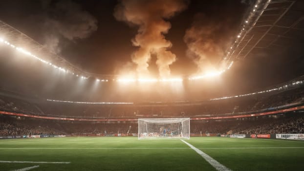 Fans erupt with excitement as vibrant pyrotechnics enhance the electric atmosphere during the soccer game at night, illuminating the packed stadium and highlighting the intense competition.