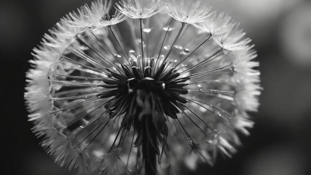 The intricate structure of a dandelion reveals its delicate seeds in monochrome, capturing the essence of nature's artistry. The focus highlights each detail against a soft backdrop.