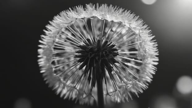 The intricate structure of a dandelion reveals its delicate seeds in monochrome, capturing the essence of nature's artistry. The focus highlights each detail against a soft backdrop.