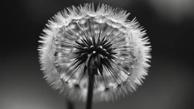 A close-up view of a dandelion puff, beautifully highlighting its intricate, delicate structure against a soft-focus background. The monochrome tones enhance its ethereal beauty and detail.