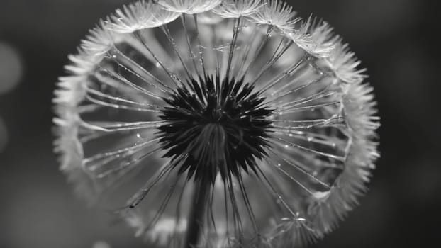 A close-up view of a dandelion puff, beautifully highlighting its intricate, delicate structure against a soft-focus background. The monochrome tones enhance its ethereal beauty and detail.