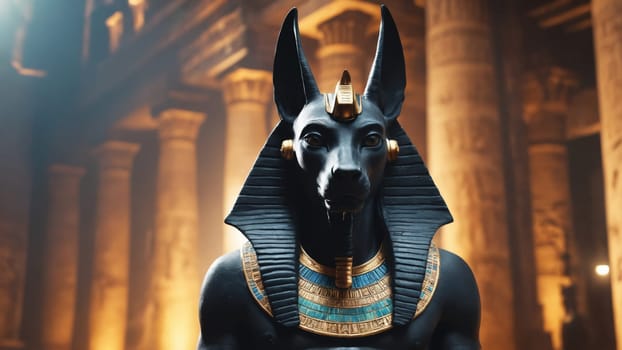 Anubis, the ancient Egyptian god of the afterlife, stands proudly in a temple adorned with warm golden light and intricate carvings, creating a mystical atmosphere filled with history and reverence.