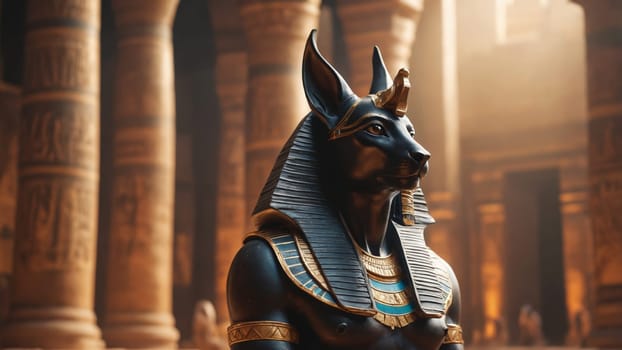 A striking statue of Anubis, the ancient Egyptian god, is prominently displayed within an ornate temple. Golden light illuminates the surroundings, enhancing the mystical atmosphere of the scene.