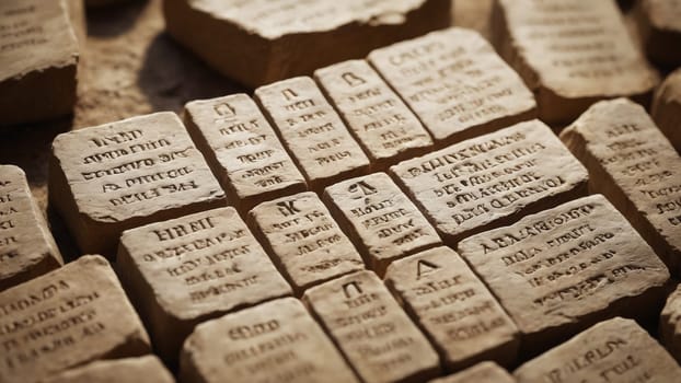 A collection of stone tablets bearing intricate engravings lies scattered under warm sunlight, revealing ancient languages and stories from a forgotten era, inviting curiosity and exploration.