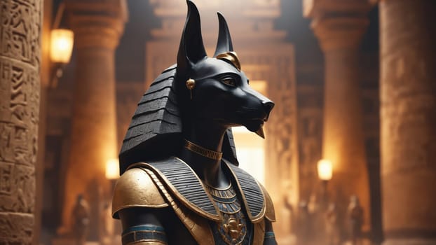 A striking statue of Anubis, the ancient Egyptian god, is prominently displayed within an ornate temple. Golden light illuminates the surroundings, enhancing the mystical atmosphere of the scene.