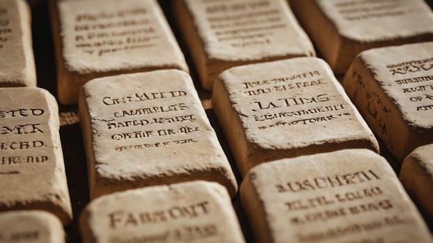 A collection of stone tablets bearing intricate engravings lies scattered under warm sunlight, revealing ancient languages and stories from a forgotten era, inviting curiosity and exploration.