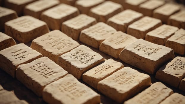 A collection of stone tablets bearing intricate engravings lies scattered under warm sunlight, revealing ancient languages and stories from a forgotten era, inviting curiosity and exploration.