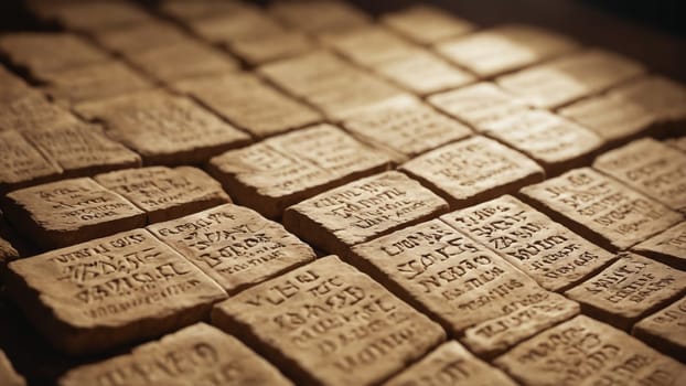 A collection of stone tablets bearing intricate engravings lies scattered under warm sunlight, revealing ancient languages and stories from a forgotten era, inviting curiosity and exploration.