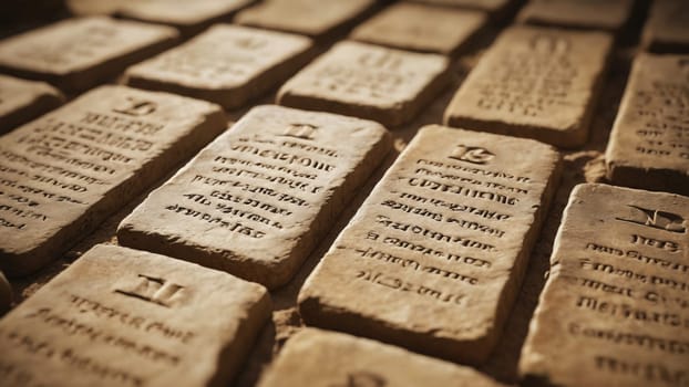 A display of weathered clay tablets, each featuring intricate inscriptions that reveal the rich heritage of ancient civilizations. The artifacts are arranged neatly, inviting exploration.