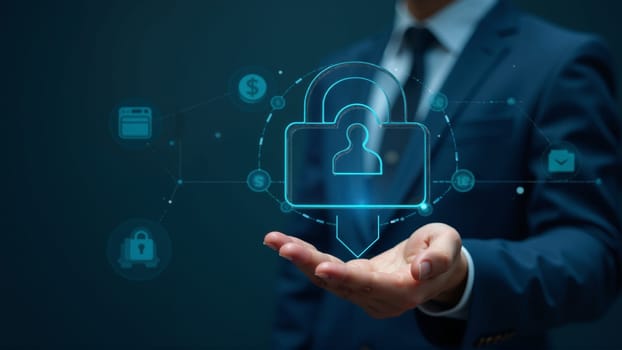 A professional in a business suit displays a holographic security lock over his palm, symbolizing data protection and cybersecurity in today's digital environment.