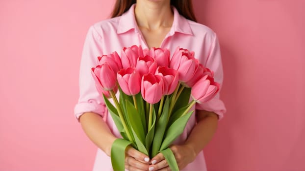 Embracing the beauty of spring, a woman joyfully presents a bouquet of pink tulips, radiating warmth and happiness. The pastel pink background enhances the charm of the moment.