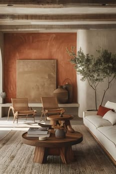 A cozy living room with hardwood floors, furniture including a couch, chairs, tables, and a potted plant for a touch of greenery