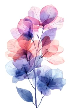 A beautiful arrangement of pink and purple flowers with leaves painted on a white background, showcasing the beauty of flowering plants and creative arts