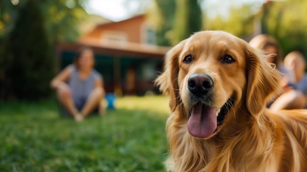 A golden retriever sits happily in a grassy backyard, its tongue out, while children are seen playing and enjoying the warm summer afternoon - Generative AI