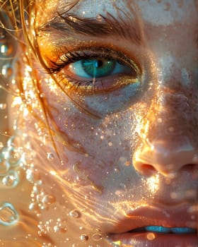 A detailed closeup of a womans face featuring vibrant electric blue eye shadow, fluttering eyelashes, defined eyebrows, and subtle wrinkles. Bubbles add a whimsical touch to this artistic image