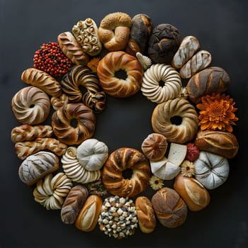 A variety of breads made with natural ingredients are arranged in a circle on a black background, showcasing the diverse flavors of different cuisines