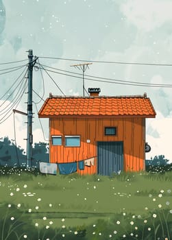 Charming countryside house with a tile roof, clothesline, and wildflower meadow.