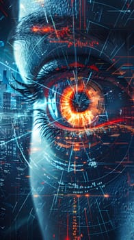 A closeup shot of a womans eye reveals a glowing electric blue iris, intricate patterns, and symmetrical eyelashes, showcasing the beauty of the human body