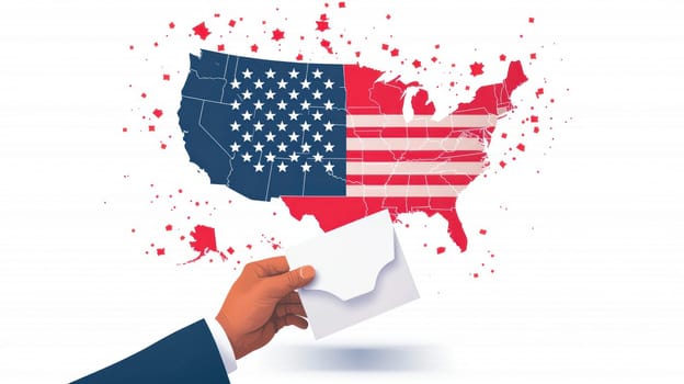 Map of USA with flag design and hand holding envelope, symbolizing voting.