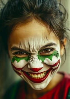 Teenage girl with scary clown makeup smiles sarcastically, capturing horror and fear for halloween