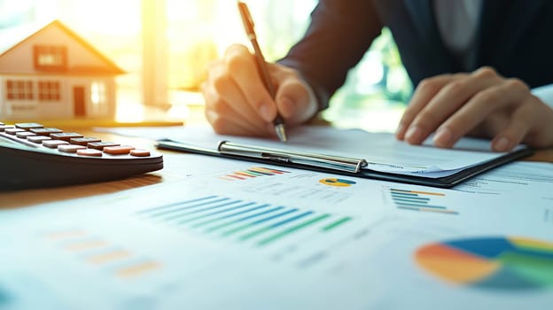 Businessman analyzing mortgage rates and property documents with calculator.