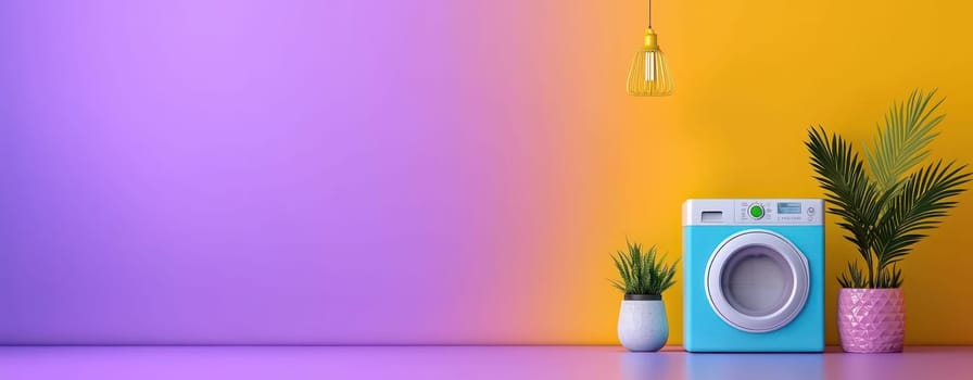 Bright washing machine with plants in colorful setting.