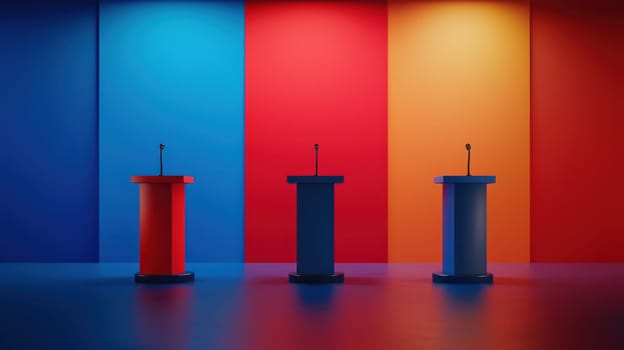 Debate stage with colorful podiums and microphones, ready for discussion.