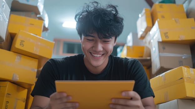 Happy man unboxing packages at home, enjoying shopping day experience.