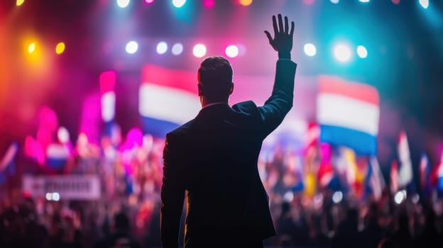 candidate waving to supporters from stage with colorful lights and flags.