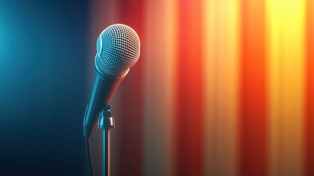 microphone stands ready for speech, illuminated by colorful lights.