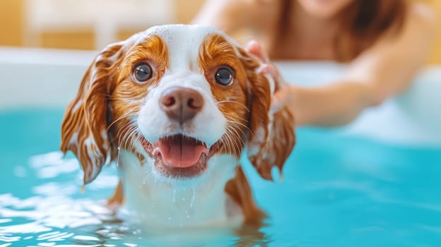 happy dog enjoys bath in bright blue tub, creating joyful scene.