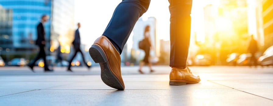 businessperson walking briskly through busy city street at sunset.